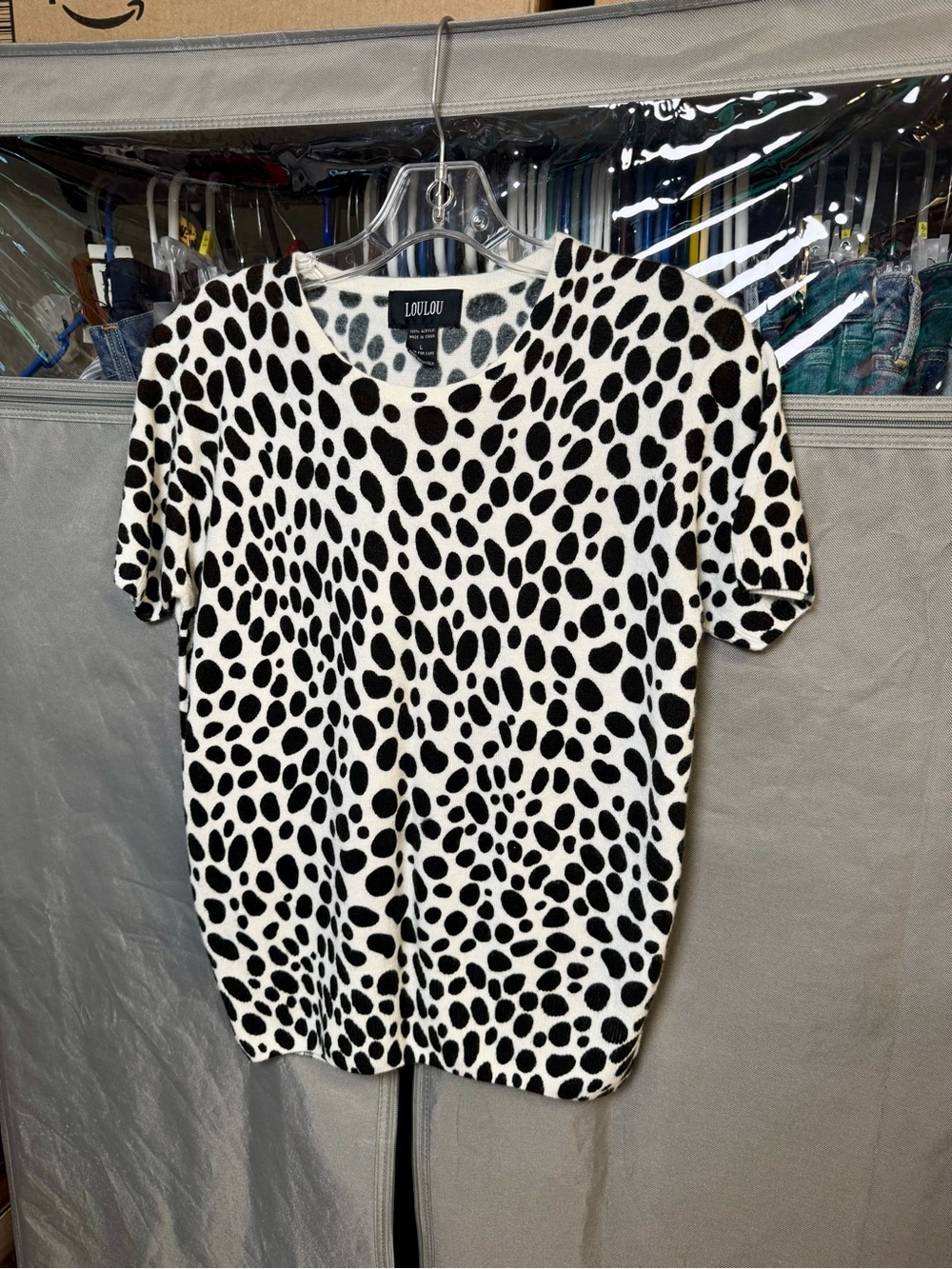 LouLou Black & White Dalmatian Print Short Sleeve Top. Soft Sweater Shirt- SizeL